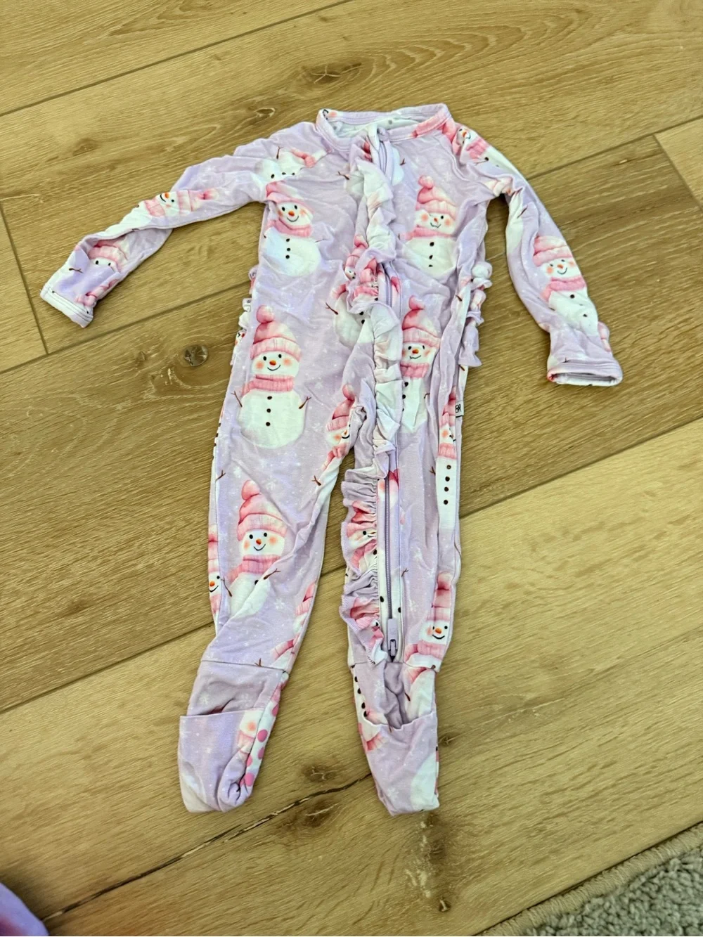 Girls Pink Snowman Ruffle-Trim Footed Pajamas